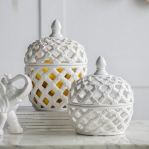 White Lattice Ceramic Jar with Lid