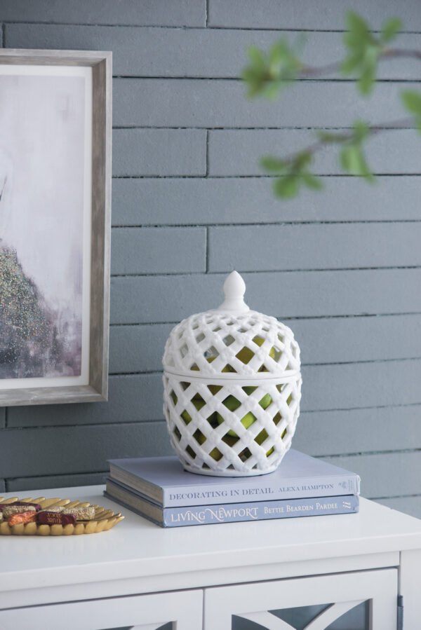 White Lattice Ceramic Jar with Finial Lid – Tall