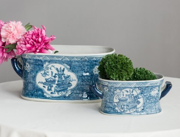 Blue & White Chinoiserie Oval Ceramic Planters - Set of 2