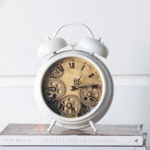 Antique White Metal Table Clock with Exposed Gear Dial