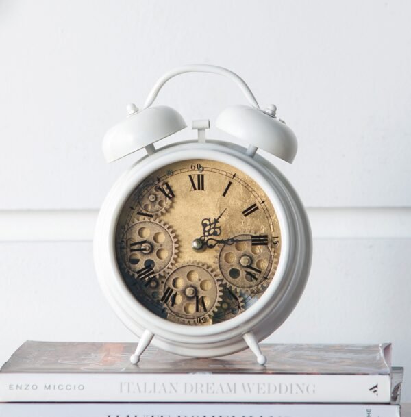 Antique White Metal Table Clock with Exposed Gear Dial