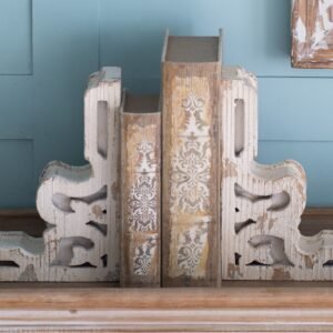 Antiqued White Carved Wood Bookends – Set of 2