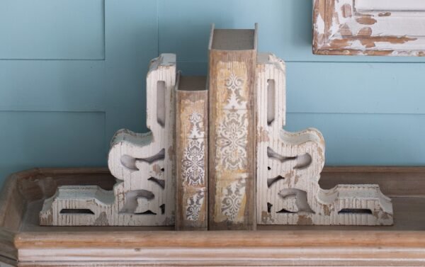 Antiqued White Carved Wood Bookends – Set of 2