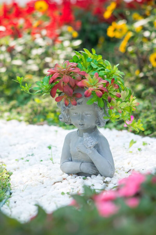 Charming Cherub Planter with Bird Accent – Grey Stone Finish
