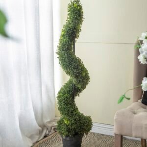 Faux Spiral Boxwood Topiary in Slate Pot