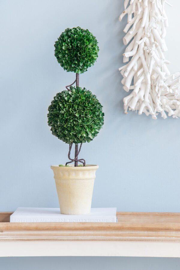 Double Ball Faux Topiary with Twisted Stem in Aged Ivory Pot