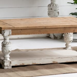 Vintage Farmhouse Coffee Table with Carved Legs and Lower Shelf