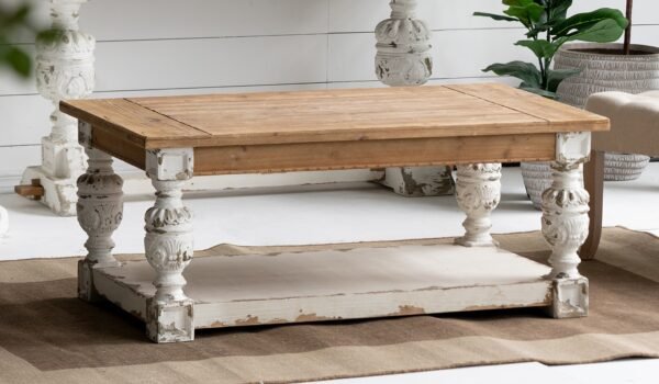 Vintage Farmhouse Coffee Table with Carved Legs and Lower Shelf