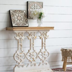 Antique White Scrollwork Console Table with Natural Wood Top