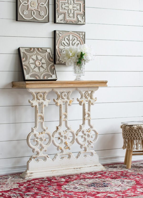 Antique White Scrollwork Console Table with Natural Wood Top