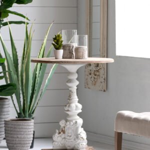 Distressed White Scroll Pedestal Table with Natural Wood Top