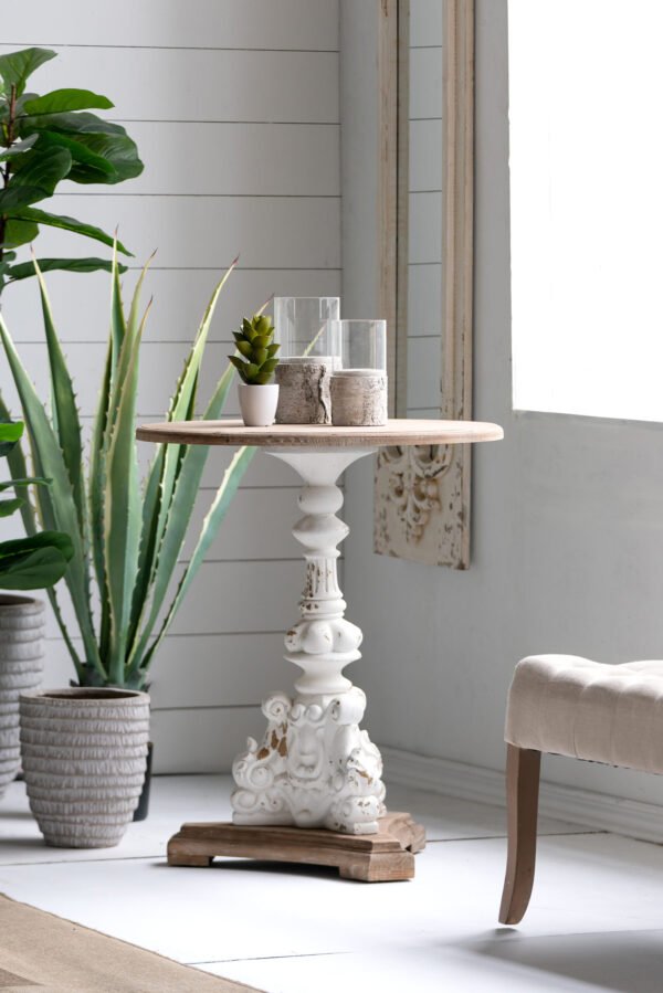 Distressed White Scroll Pedestal Table with Natural Wood Top