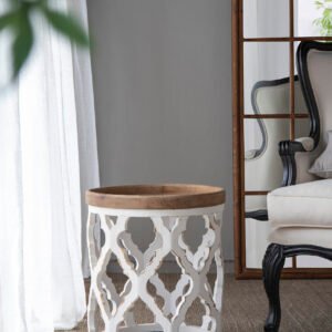 White Carved Accent Table with Wood Top