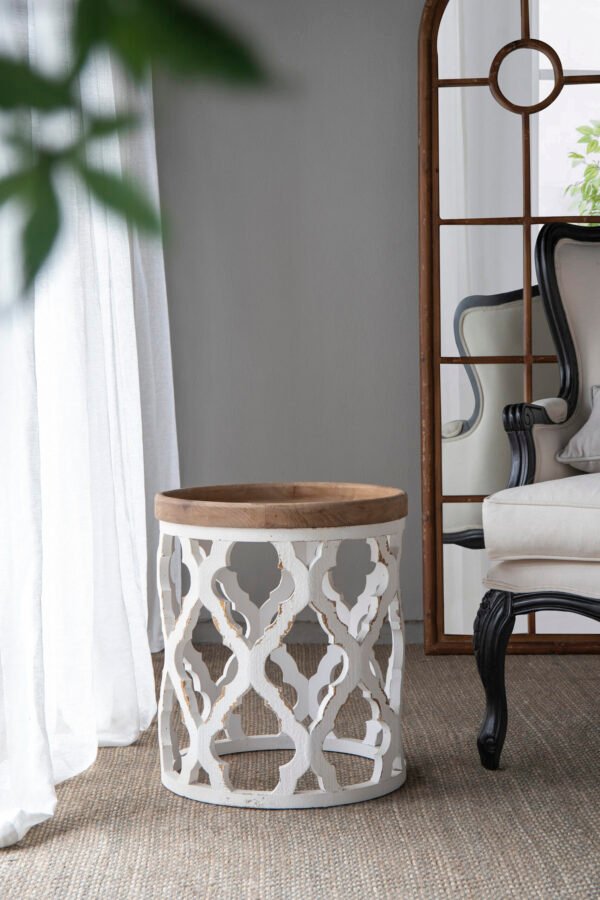 White Carved Accent Table with Wood Top
