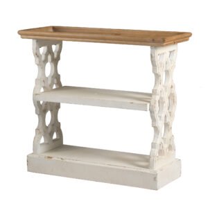 Distressed White Lattice Side Table with Natural Wood Top