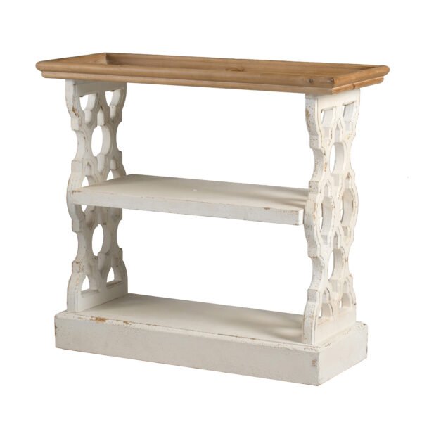 Distressed White Lattice Side Table with Natural Wood Top