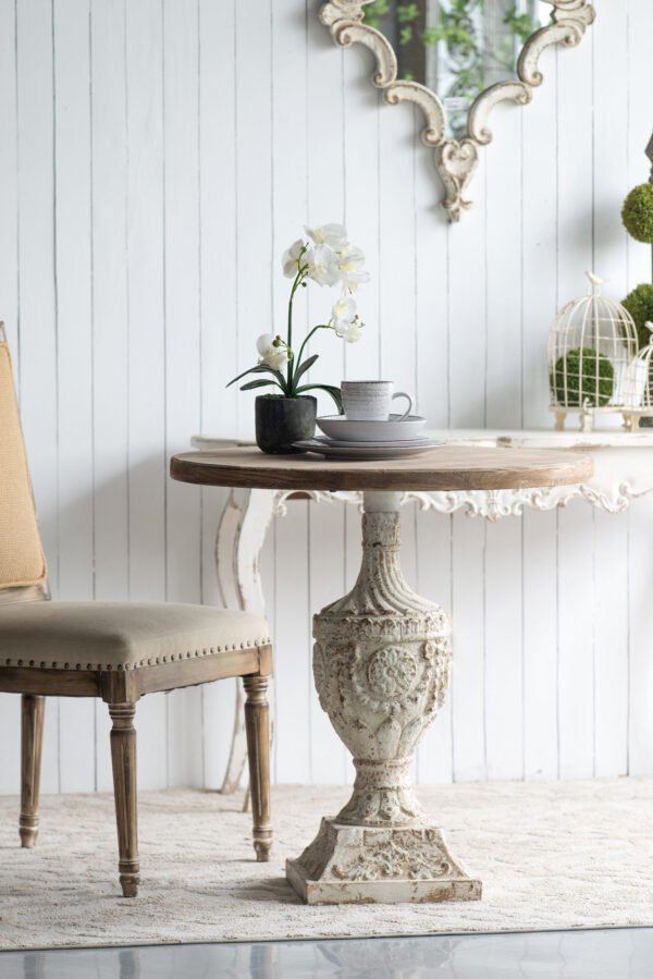 Antiqued Pedestal Table with Carved Urn Base