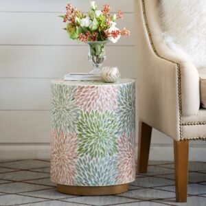 Petal Mosaic Drum Table with Brass Base