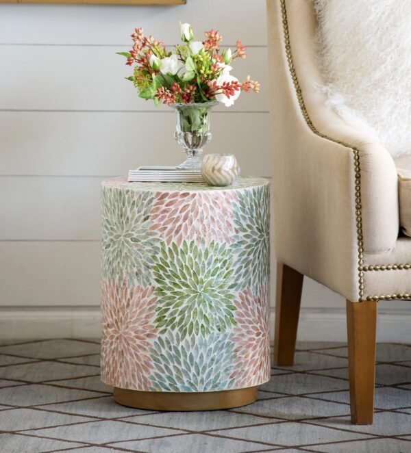Petal Mosaic Drum Table with Brass Base