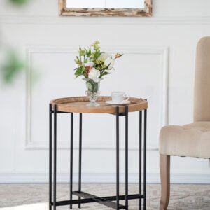 Carved Wood & Iron Accent Table with Ornamental Rim