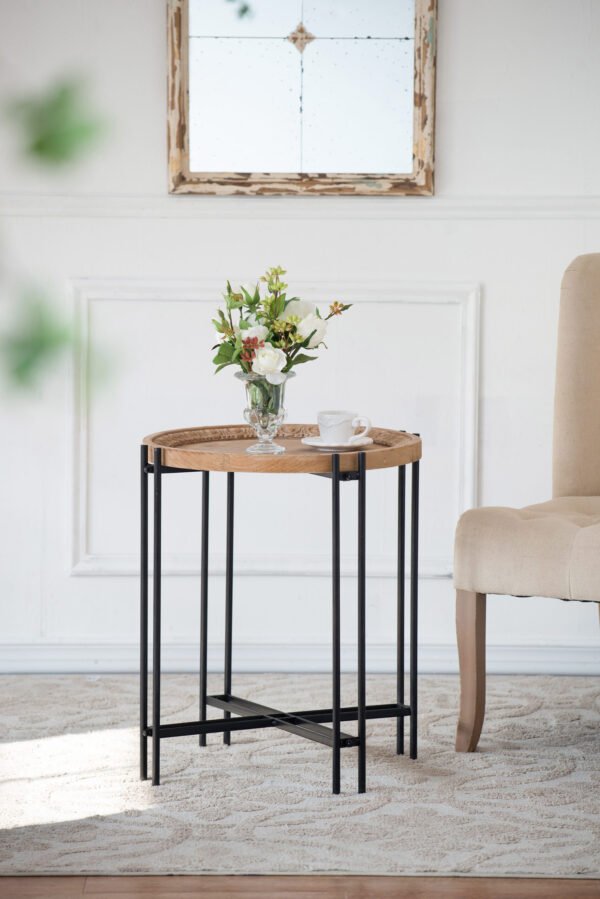 Carved Wood & Iron Accent Table with Ornamental Rim