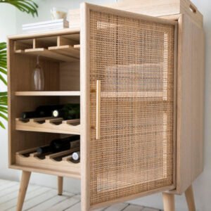 Mid-Century Natural Oak Wine Cabinet with Cane Door