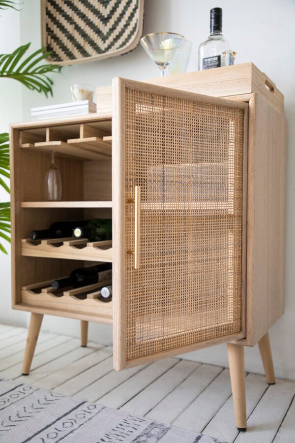 Mid-Century Natural Oak Wine Cabinet with Cane Door