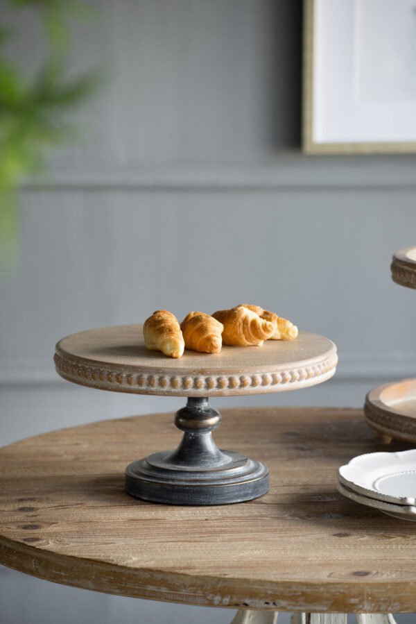 Beaded Edge Wooden Cake Stand with Blackwashed Pedestal