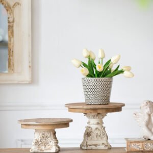 Vintage-Inspired Distressed Cake Stand with Carved Base - Small