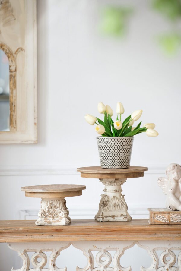 Vintage-Inspired Distressed Cake Stand with Carved Base - Small