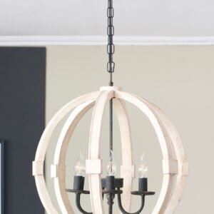 Distressed White Globe Chandelier with Iron Candelabra