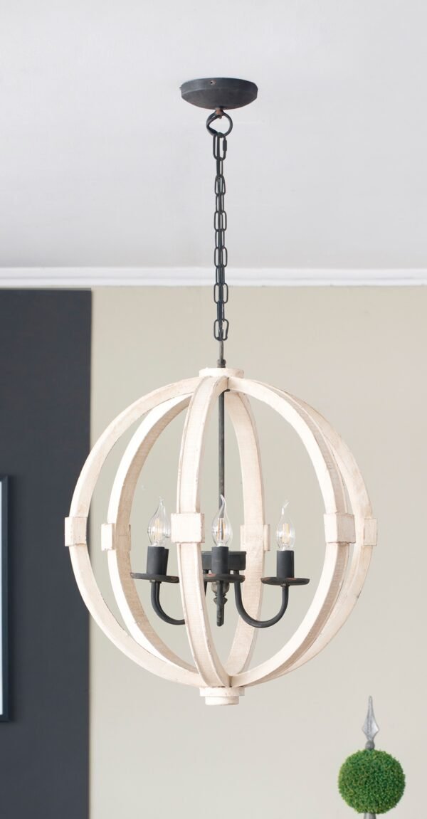 Distressed White Globe Chandelier with Iron Candelabra