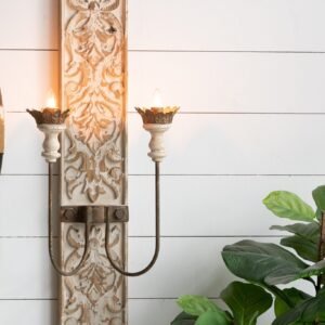 Carved Wood Wall Sconce with Dual Iron Arms