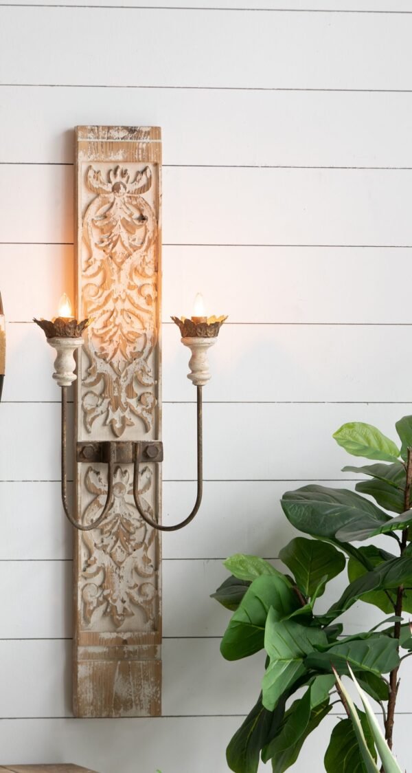 Carved Wood Wall Sconce with Dual Iron Arms