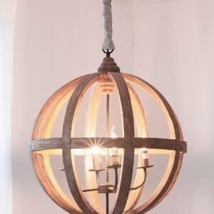 Rustic Wood Globe Pendant with Iron Candelabra