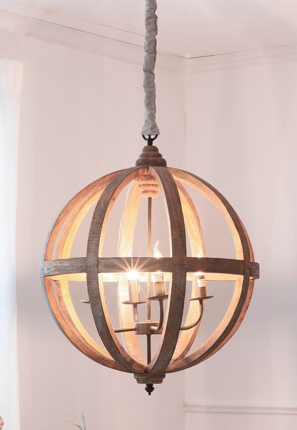 Rustic Wood Globe Pendant with Iron Candelabra