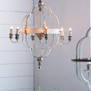Cathedral Cage Chandelier in Distressed Cream with Wooden Accents
