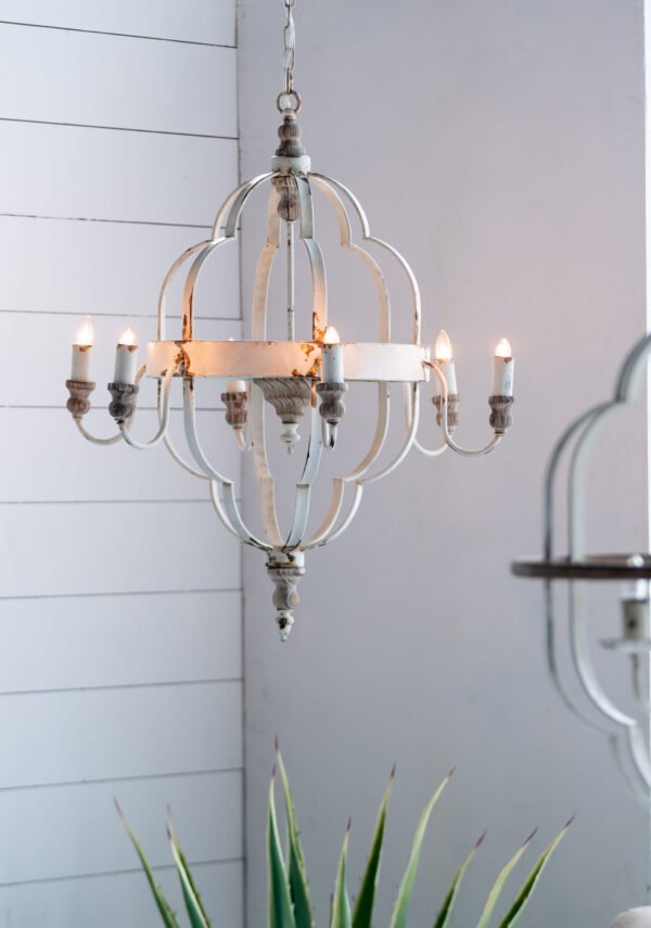 Cathedral Cage Chandelier in Distressed Cream with Wooden Accents