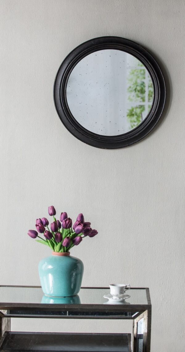 Antique Black Round Wall Mirror with Distressed Finish