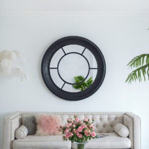 Round Antiqued Windowpane Mirror with Black Frame