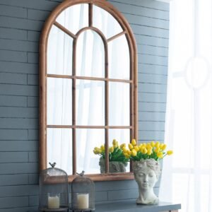 Arched Farmhouse Windowpane Mirror in Natural Wood