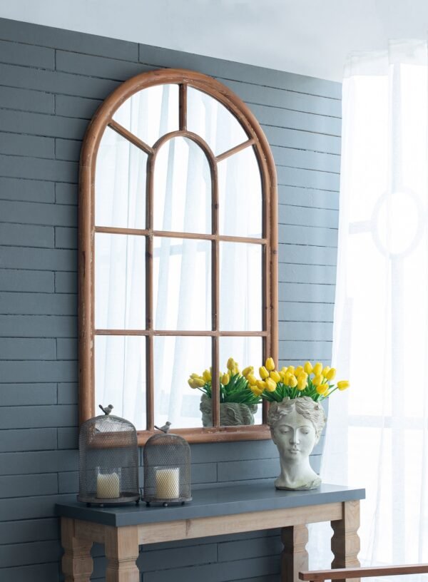 Arched Farmhouse Windowpane Mirror in Natural Wood