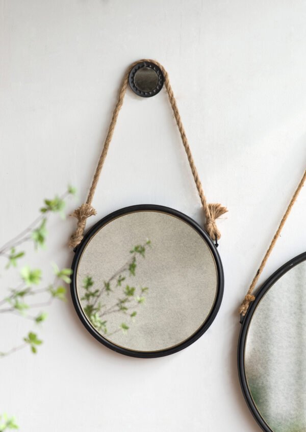 Petite Industrial Hanging Round Mirror with Rope Accent