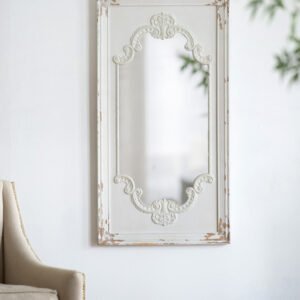 French Chateau Ornate Panel Mirror in Distressed White