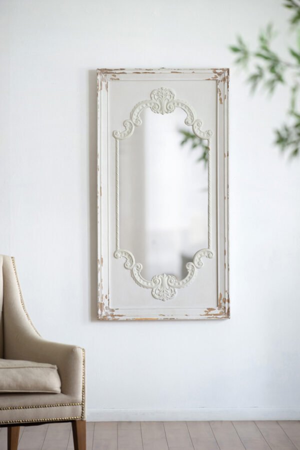 French Chateau Ornate Panel Mirror in Distressed White