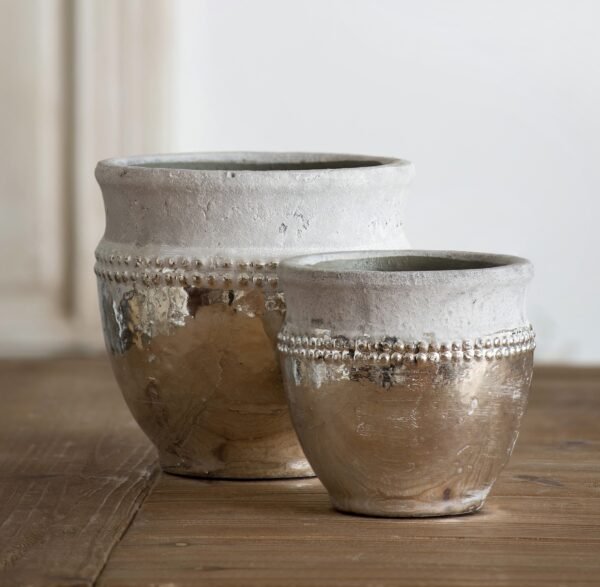 Beaded Cement & Glazed Pottery Planter Set (2-Piece)