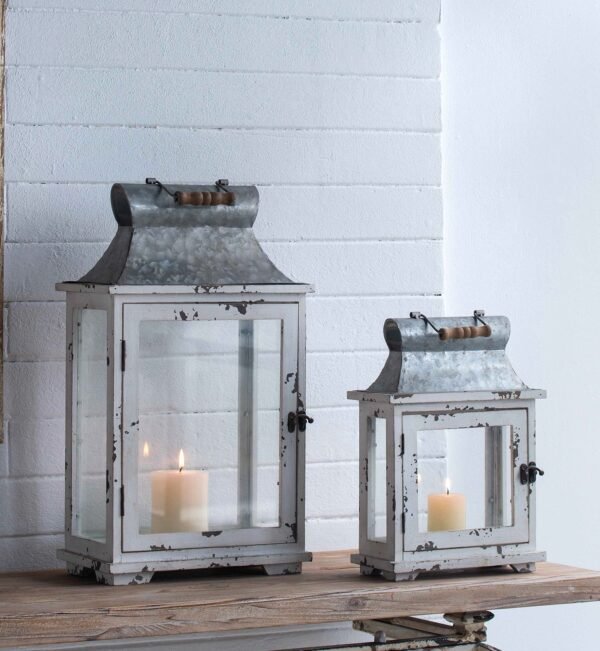 Vintage White Wood & Galvanized Metal Lantern Set (2-Piece)