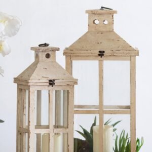 Distressed Cream Wooden Lantern Set with Grid Panes (2-Piece)