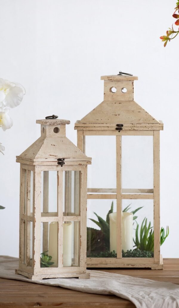 Distressed Cream Wooden Lantern Set with Grid Panes (2-Piece)