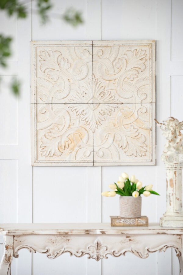 Distressed Carved Floral Wood Wall Panel – Set of 4
